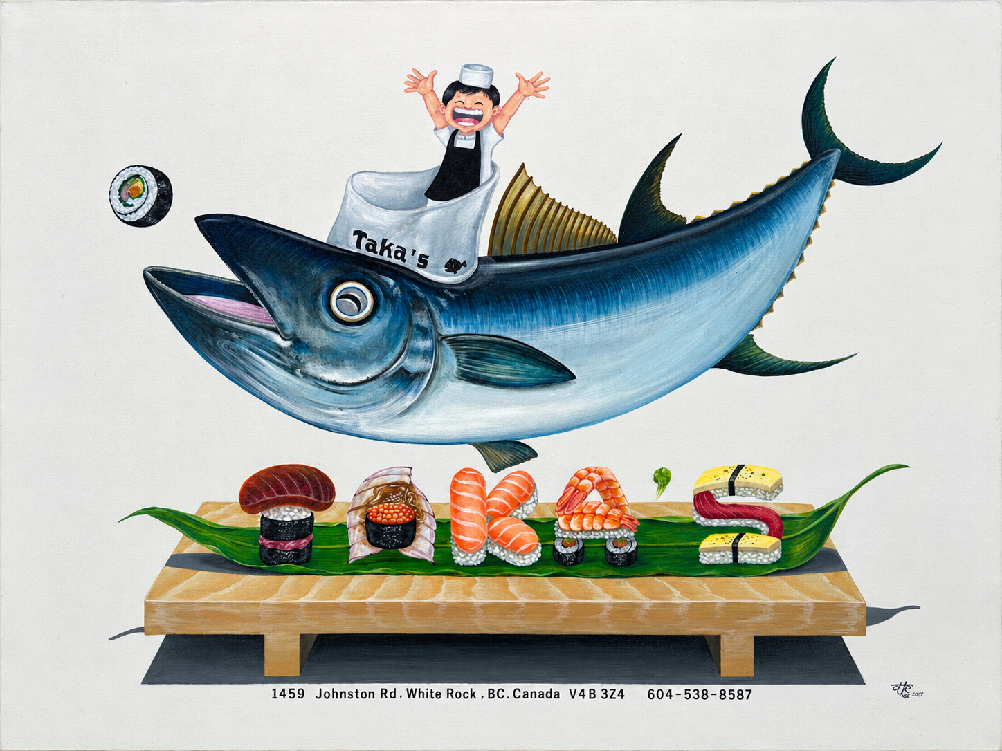 Taka’s 的插画作品,画有厨师、大型蓝色金枪鱼与寿司